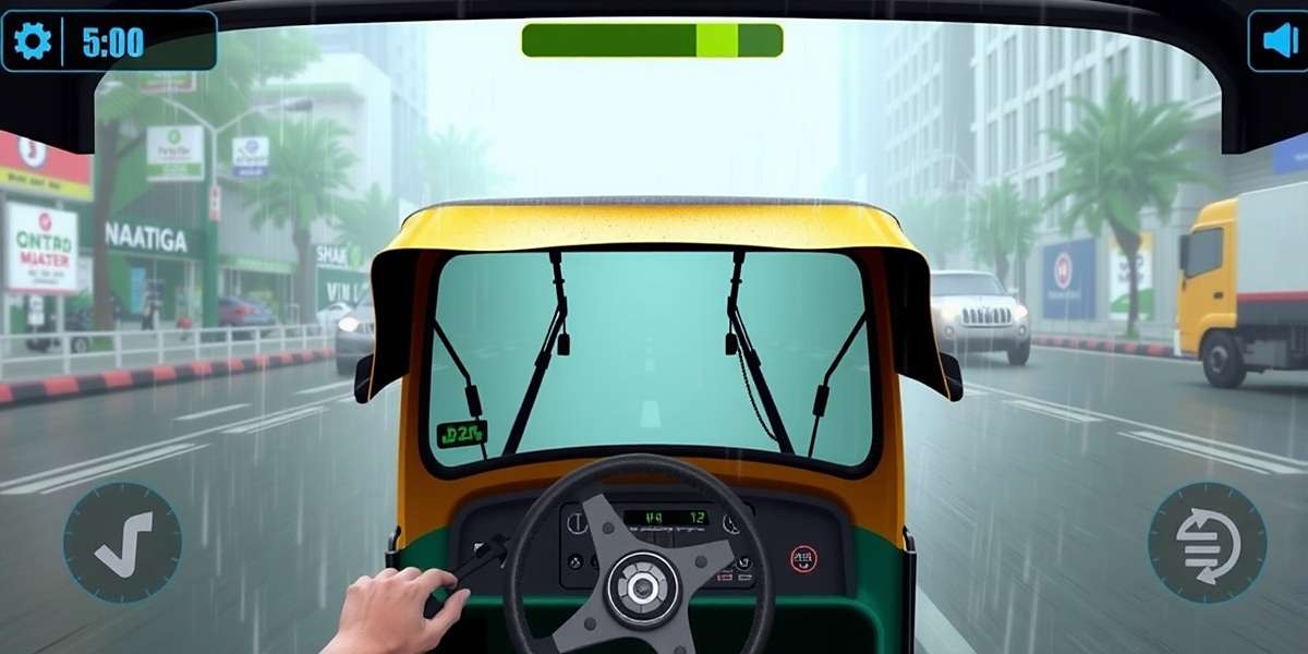 Drive Through All Weather Conditions in Tuk Tuk Master India Tuk Tuk Master India gameplay showing an auto rickshaw navigating through heavy monsoon rain with wipers working