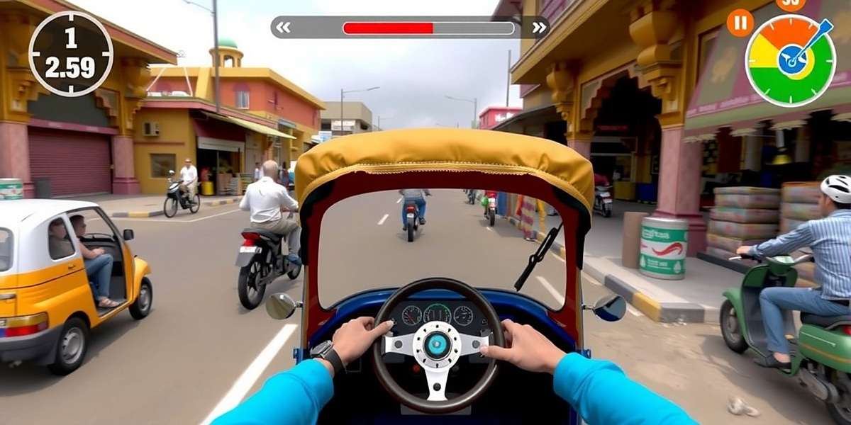 Mastering Market Streets in Tuk Tuk Master India Tuk Tuk Master India gameplay showing an auto rickshaw navigating through a busy market street with pedestrians, cycles, and other vehicles