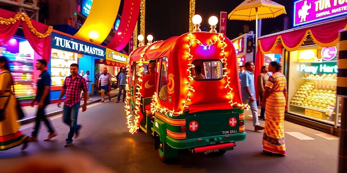 Diwali Dhamaka Event in Tuk Tuk Master India Tuk Tuk Master India Diwali event showing an auto rickshaw decorated with lights navigating through a street filled with Diwali shoppers and decorations